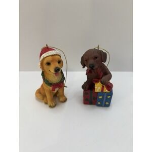 Set of 2 Labrador Puppy Christmas Ornaments Santa Hat & Gifts